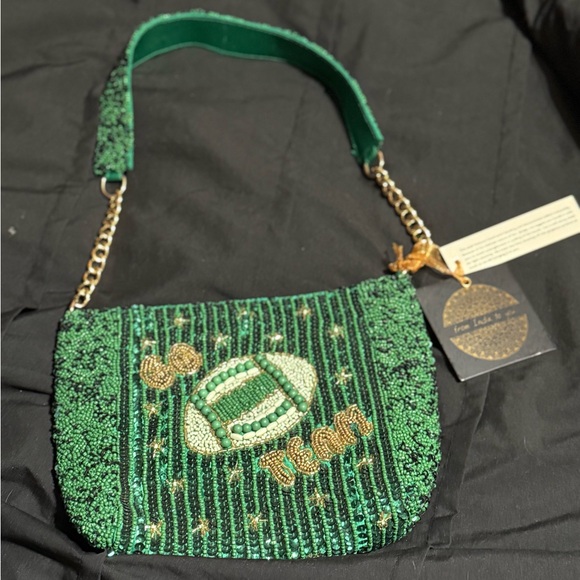 Handbags - 💚 Hand-Beaded “Go Team” Football Shoulder Bag – NWT 💚